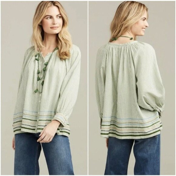 Roberta Roller Rabbit Womens Murello Ada Top XS Green Stripe Boho Embroidered - Picture 1 of 4